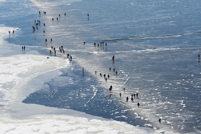 High angle view of people enjoying at beach