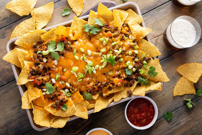 High angle view of food on table