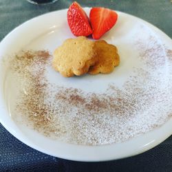 High angle view of cake in plate on table