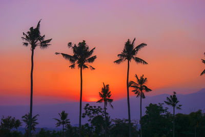 Silhouette palm trees against romantic sky at sunset