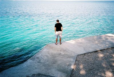 Rear view of man standing in sea against sky