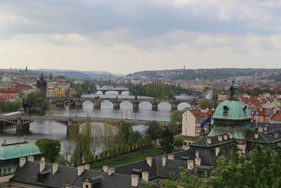 Bridge over river in city against sky