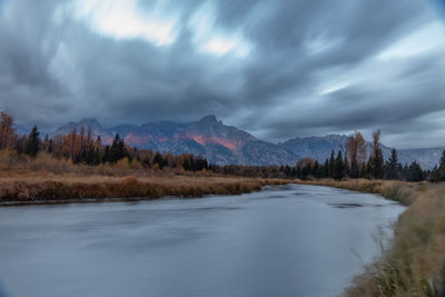 Scenic view of lake and mountains against sky