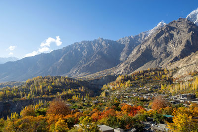 Autumn view of hunza valley with mount rakaposhi , a mountain in the karakoram 