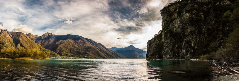 Scenic view of lake by mountains against sky