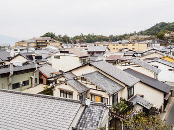 High angle view of buildings in city against clear sky