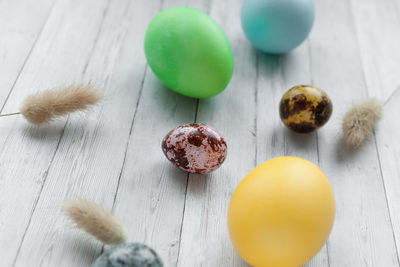 High angle view of eggs on table