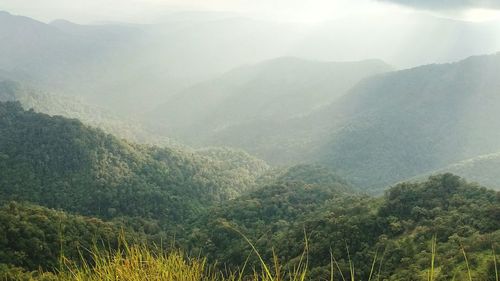 Scenic view of mountain range in foggy weather