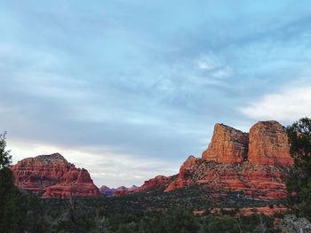 Low angle view of rock formations against sky