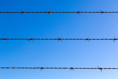 Low angle view of barbed wire against clear sky