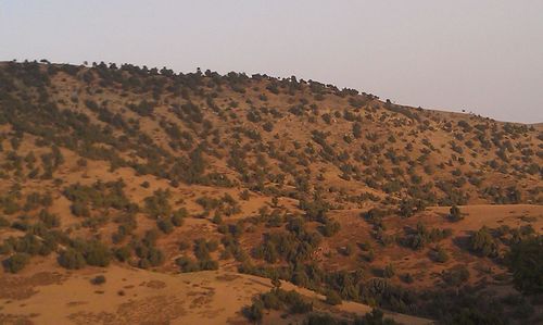 Scenic view of arid landscape against clear sky