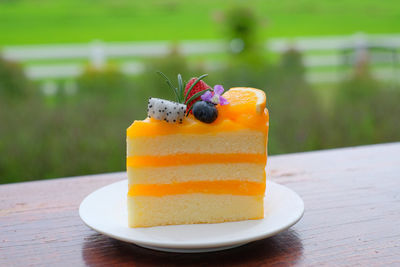 Close-up of dessert served on table