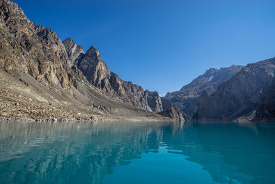 Scenic view of lake and mountains against clear blue sky