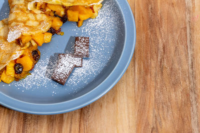 High angle view of dessert in plate on table