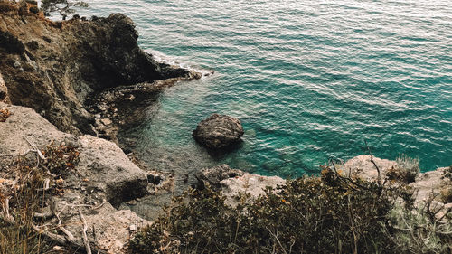 High angle view of rock formation in sea