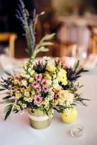 Close-up of christmas decorations on table