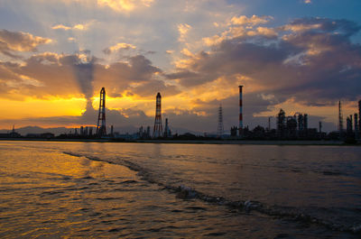 View of factory by sea against sky during sunset