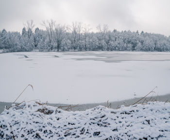 Scenic view of snow covered field against sky