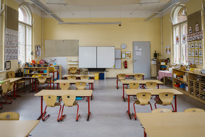 Interior of neat classroom with racks and furniture