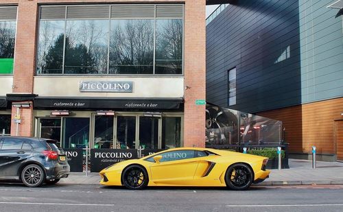 Yellow car in city