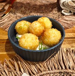 High angle view of food in bowl on table