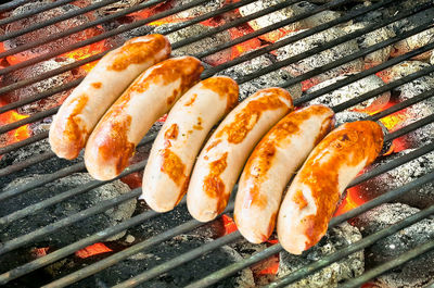 High angle view of food on barbecue grill