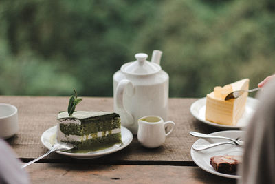 High angle view of breakfast served on table