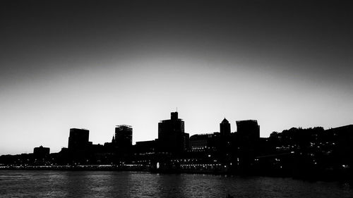 River by buildings against clear sky in city