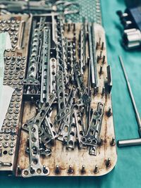 High angle view of chain on table