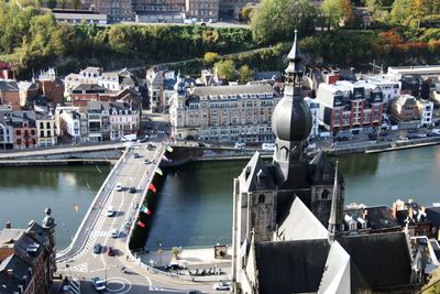 High angle view of boats in harbor