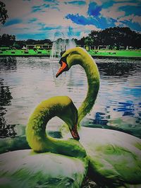 Swan swimming in lake against sky