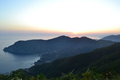 Scenic view of sea and mountains against sky during sunset