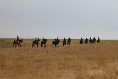 Group of people on field against clear sky