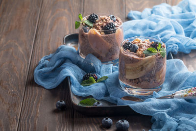 High angle view of dessert on table