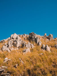 Scenic view of rocky mountains against clear blue sky