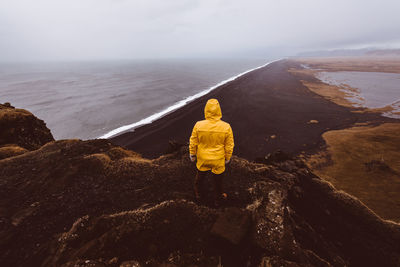 Rear view of man looking at sea against sky