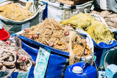 High angle view of fishing for sale at market