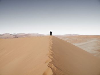 Rear view of man standing on desert against sky