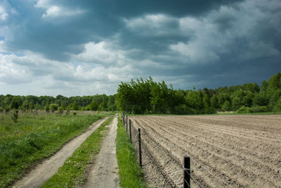 Ground road and fenced plowed field, forest and dark stormy clouds