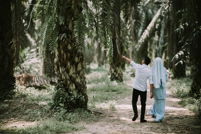 Rear view of men standing by palm trees in forest