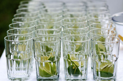 Close-up of drinking glasses arranged on table