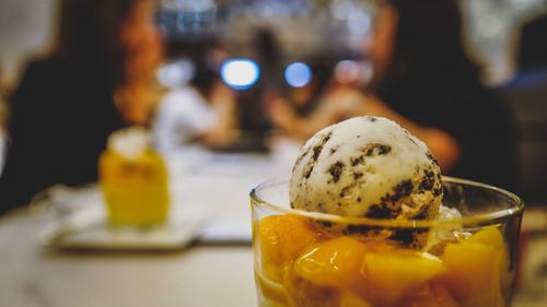 Close-up of ice cream in bowl on table