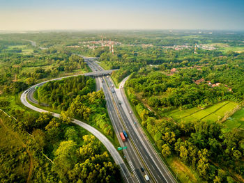 High angle view of highway in city