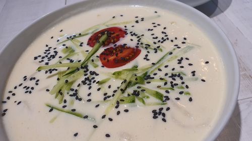 High angle view of salad in plate on table