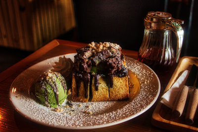 Close-up of ice cream in plate on table