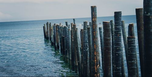 Wooden posts in sea against sky