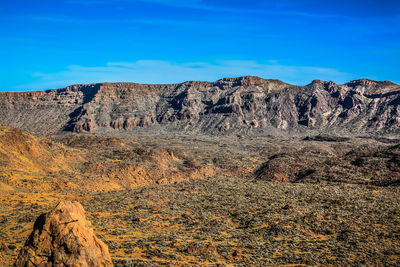 Scenic view of rocky mountains against blue sky