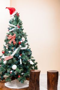 Close-up of christmas tree against wall