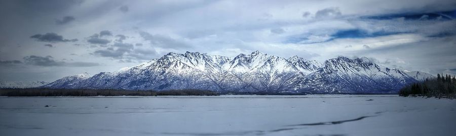 Scenic view of snowcapped mountain against cloudy sky