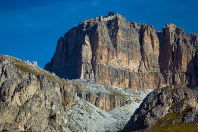 Low angle view of rocky mountains against sky